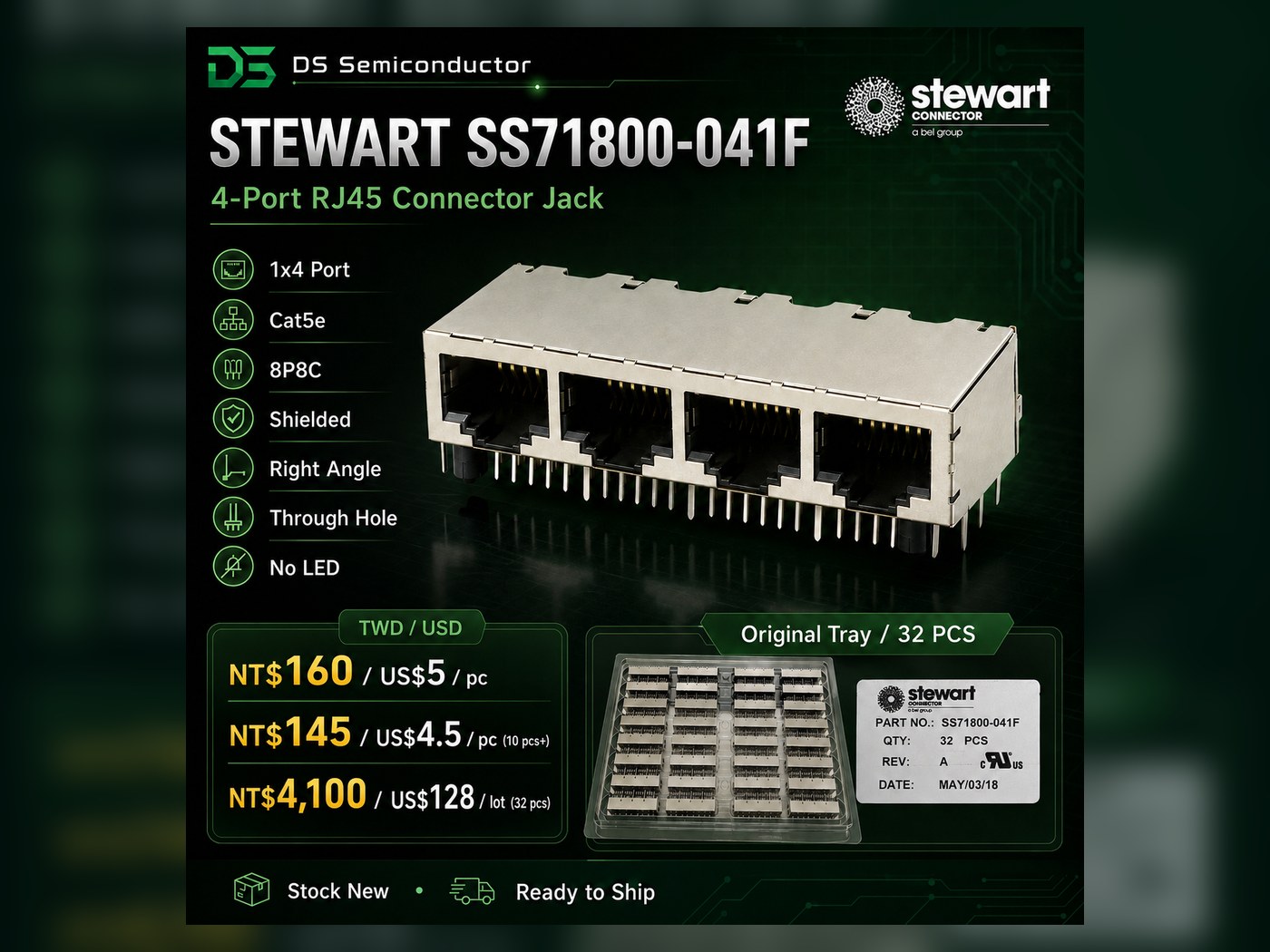 Stewart Connector / Bel SS71800-041F RJ45 1x4 4-Port Connector Jack